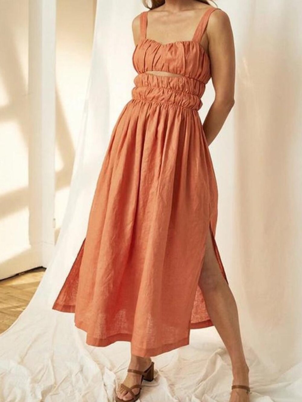 Mon Renn Bailey Linen Smocked Cutout Midi Dress Papaya